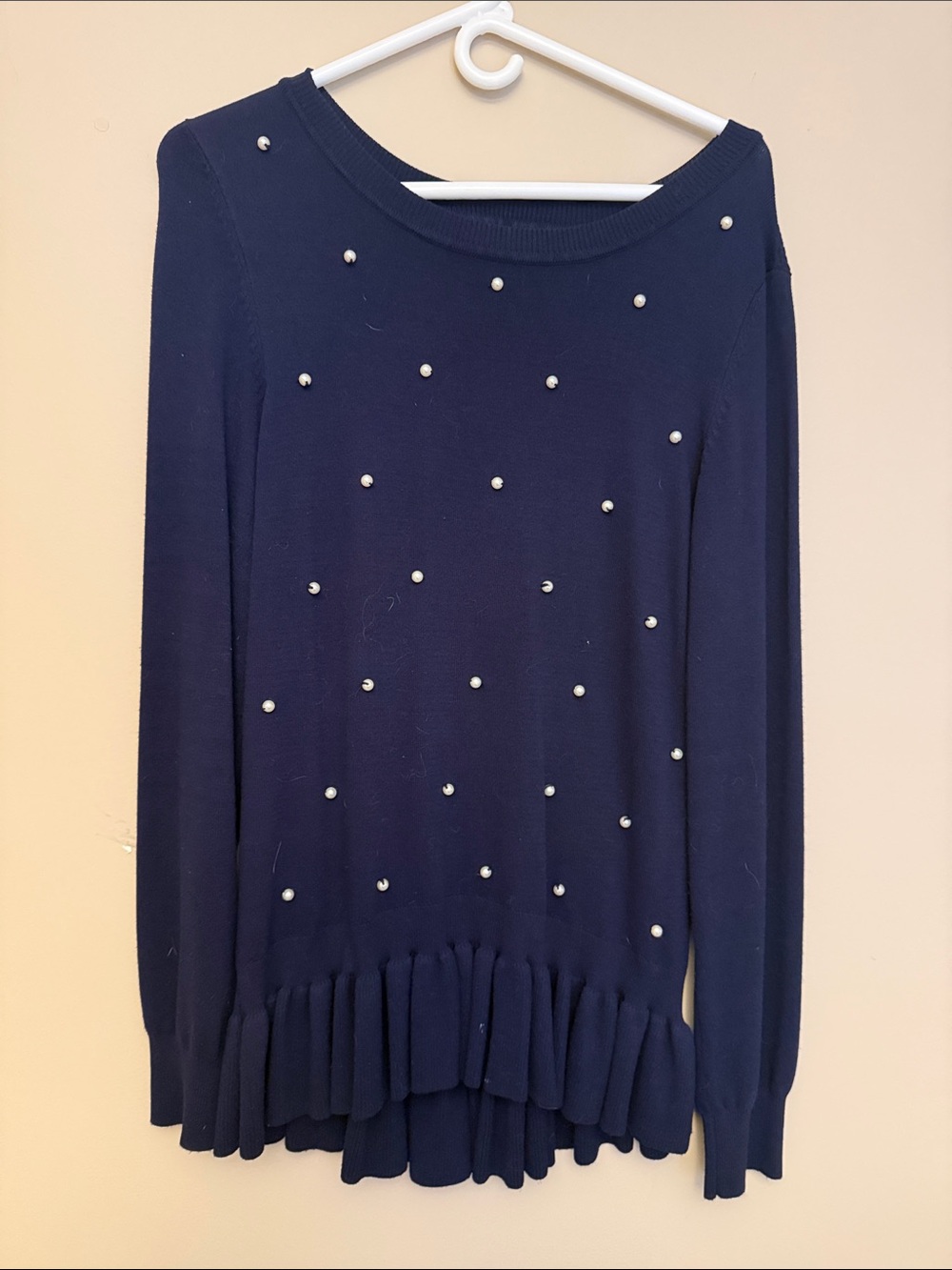 VENUS Navy Pearl-Accent Ruffled Hem Sweater